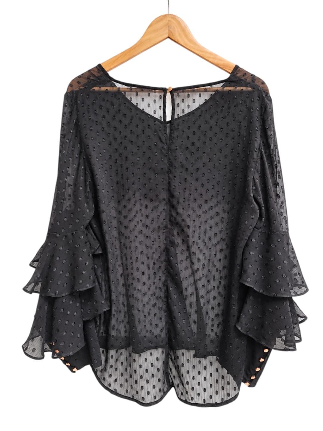 Jacqui E Womens Blouse Size 14 Black Swiss Dot Sheer Ruffle Sleeve Top — photo 5 of 8