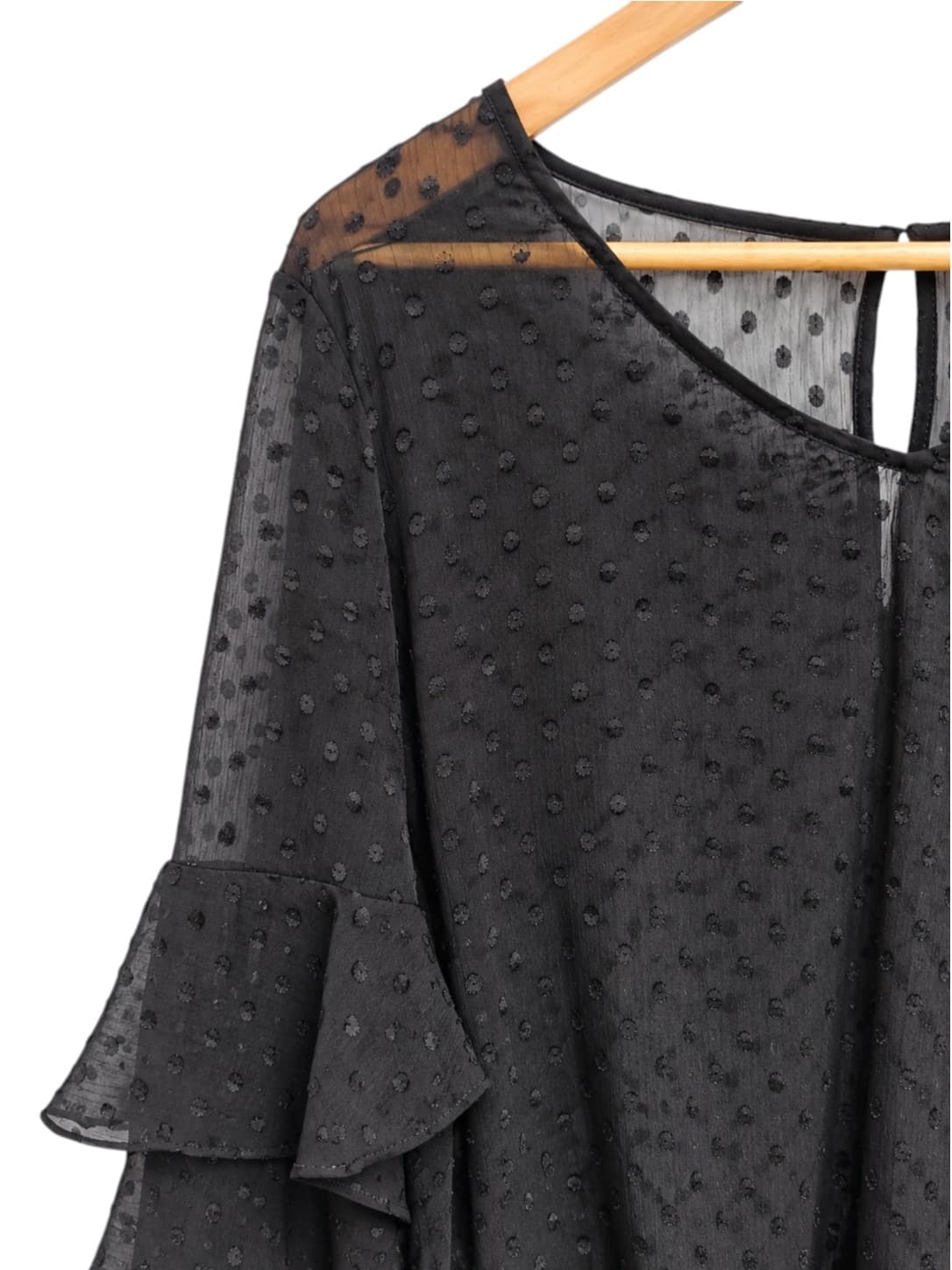 Jacqui E Womens Blouse Size 14 Black Swiss Dot Sheer Ruffle Sleeve Top — photo 2 of 8