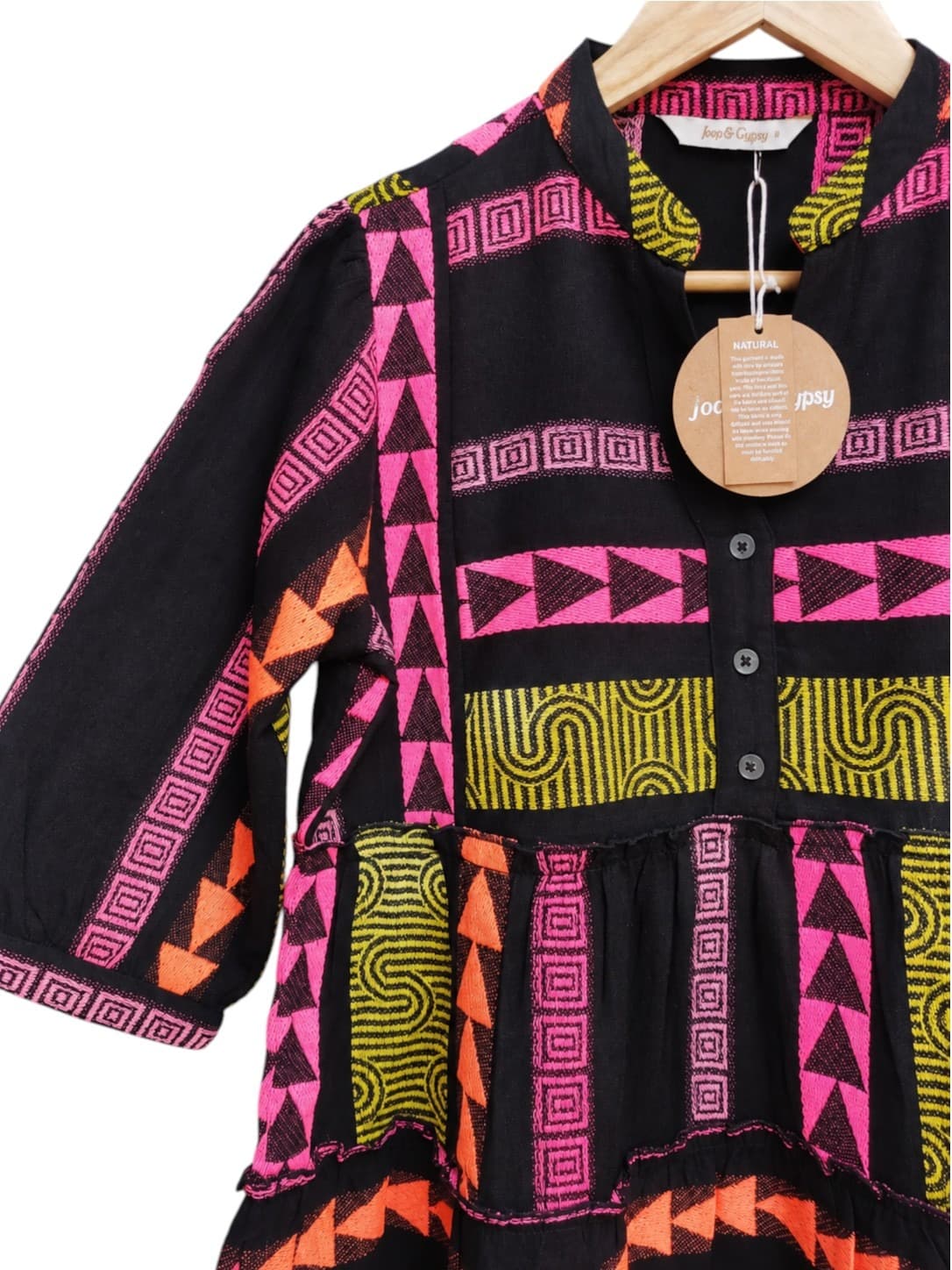 JOOP & GYPSY Black Geometric Embroidered Tiered Cotton Dress BNWT Size 8 — photo 2 of 7