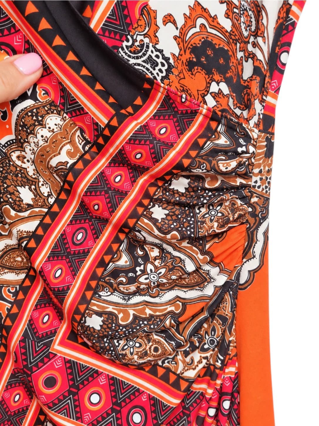 JOSEPH RIBKOFF Orange Paisley Print Ruched Wrap Style Dress Size 12 — photo 5 of 6