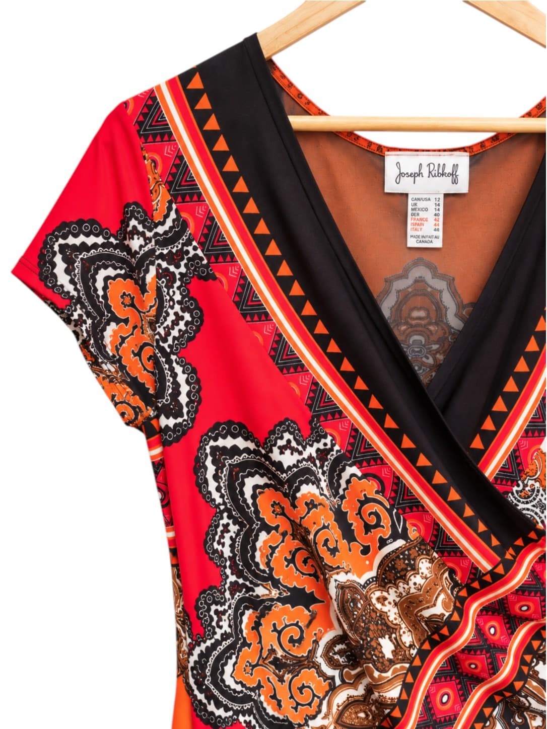 JOSEPH RIBKOFF Orange Paisley Print Ruched Wrap Style Dress Size 12 — photo 2 of 6