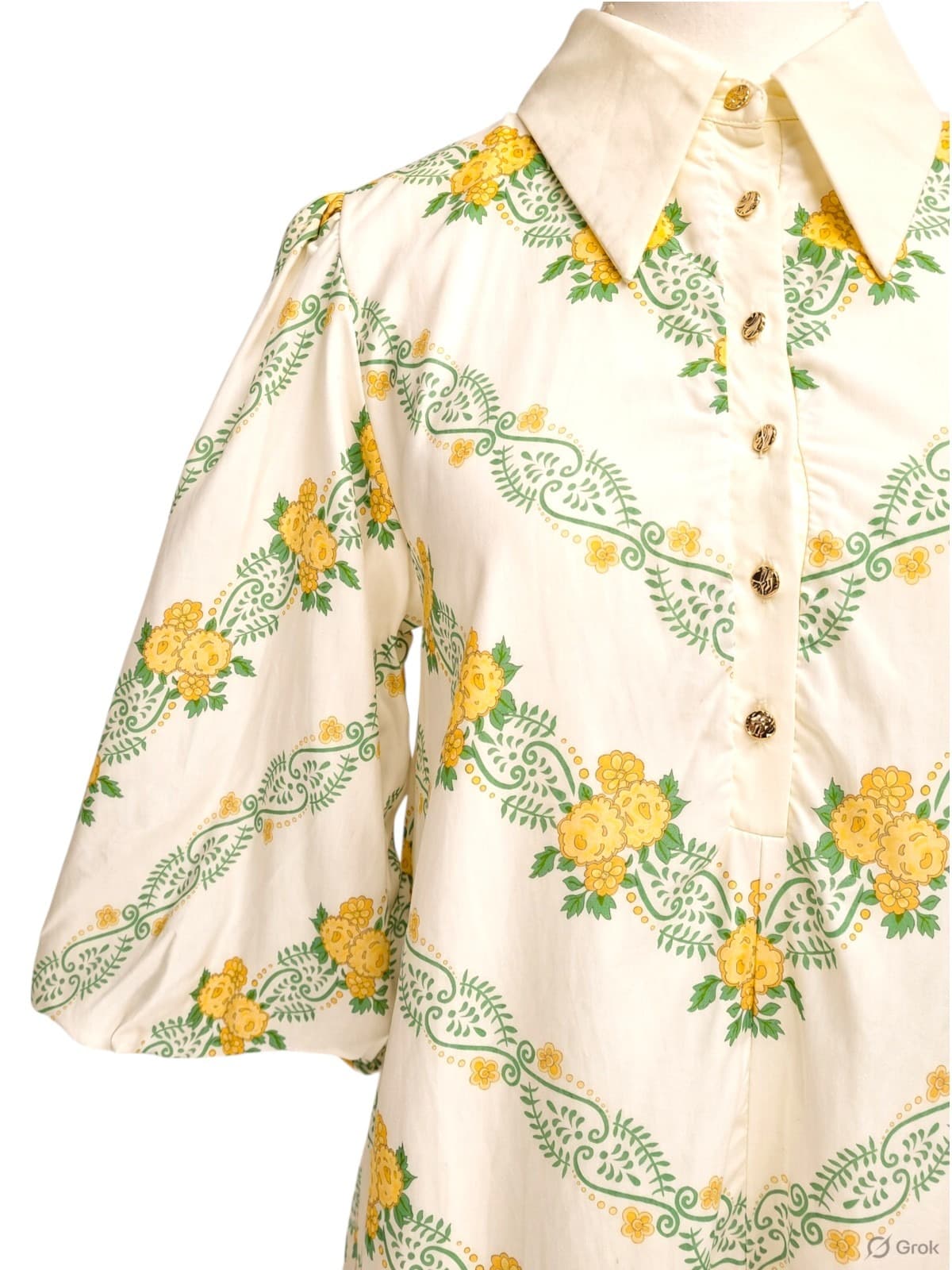 KEEPSAKE Cream Yellow Floral Puff Sleeve Collared Mini Dress XS — photo 2 of 8