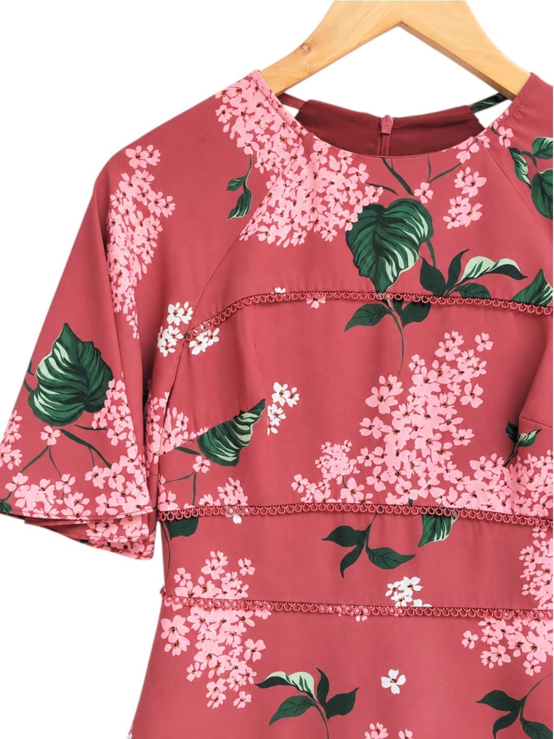 KEEPSAKE Red Pink Floral Asymmetric Hem Midi Dress Flutter Sleeve Size S — photo 1 of 7