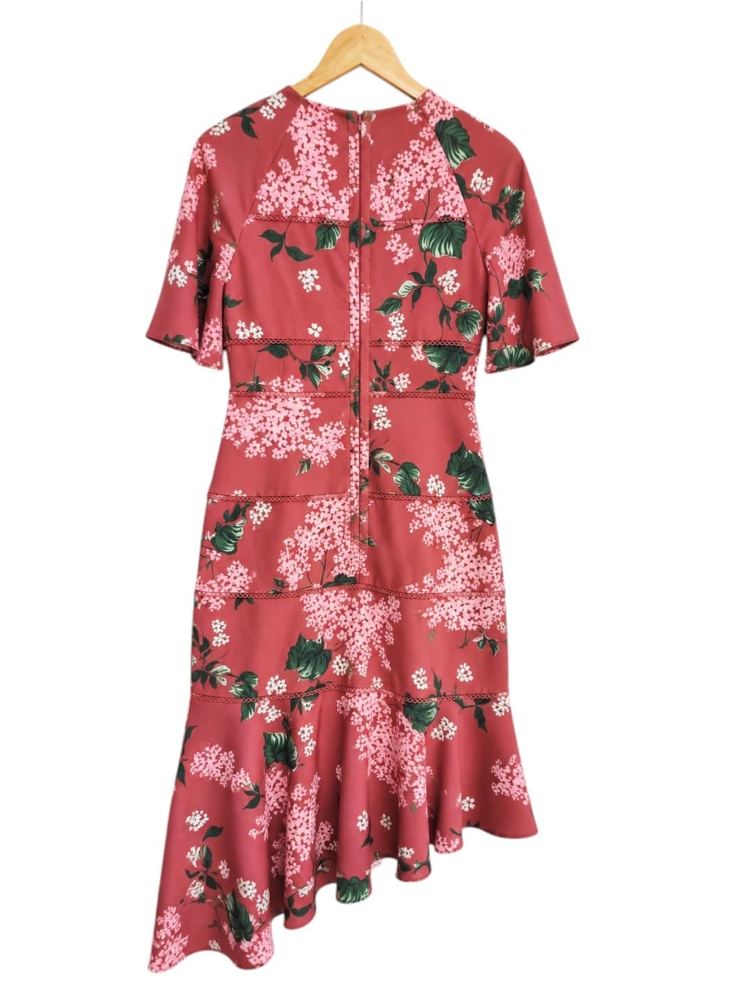 KEEPSAKE Red Pink Floral Asymmetric Hem Midi Dress Flutter Sleeve Size S — photo 5 of 7
