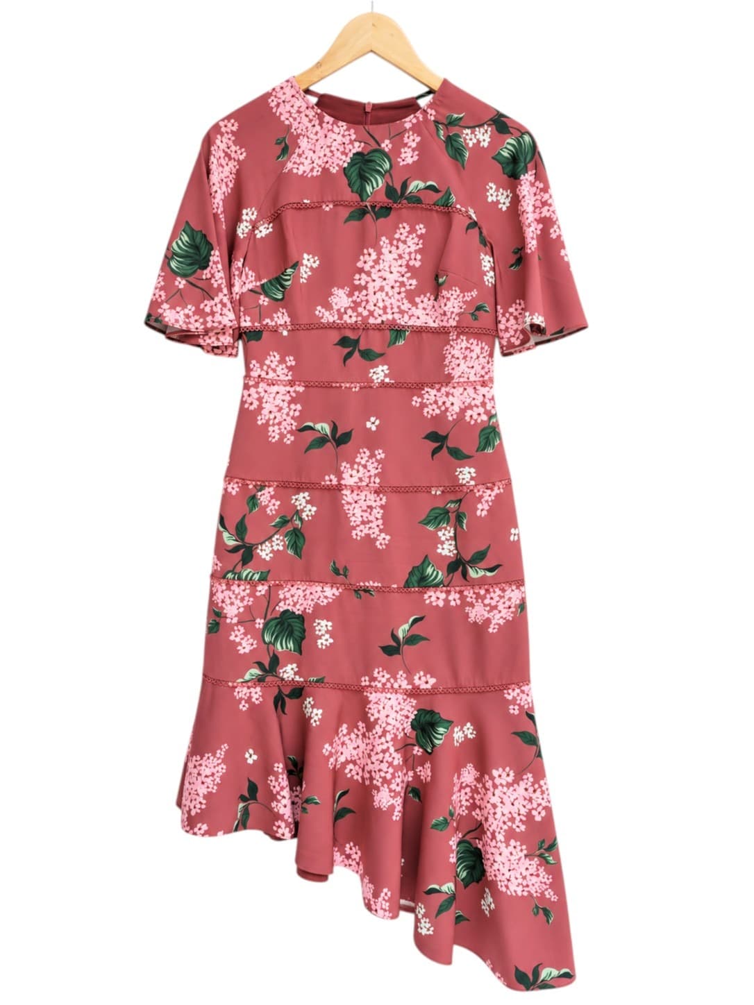 KEEPSAKE Red Pink Floral Asymmetric Hem Midi Dress Flutter Sleeve Size S — photo 2 of 7