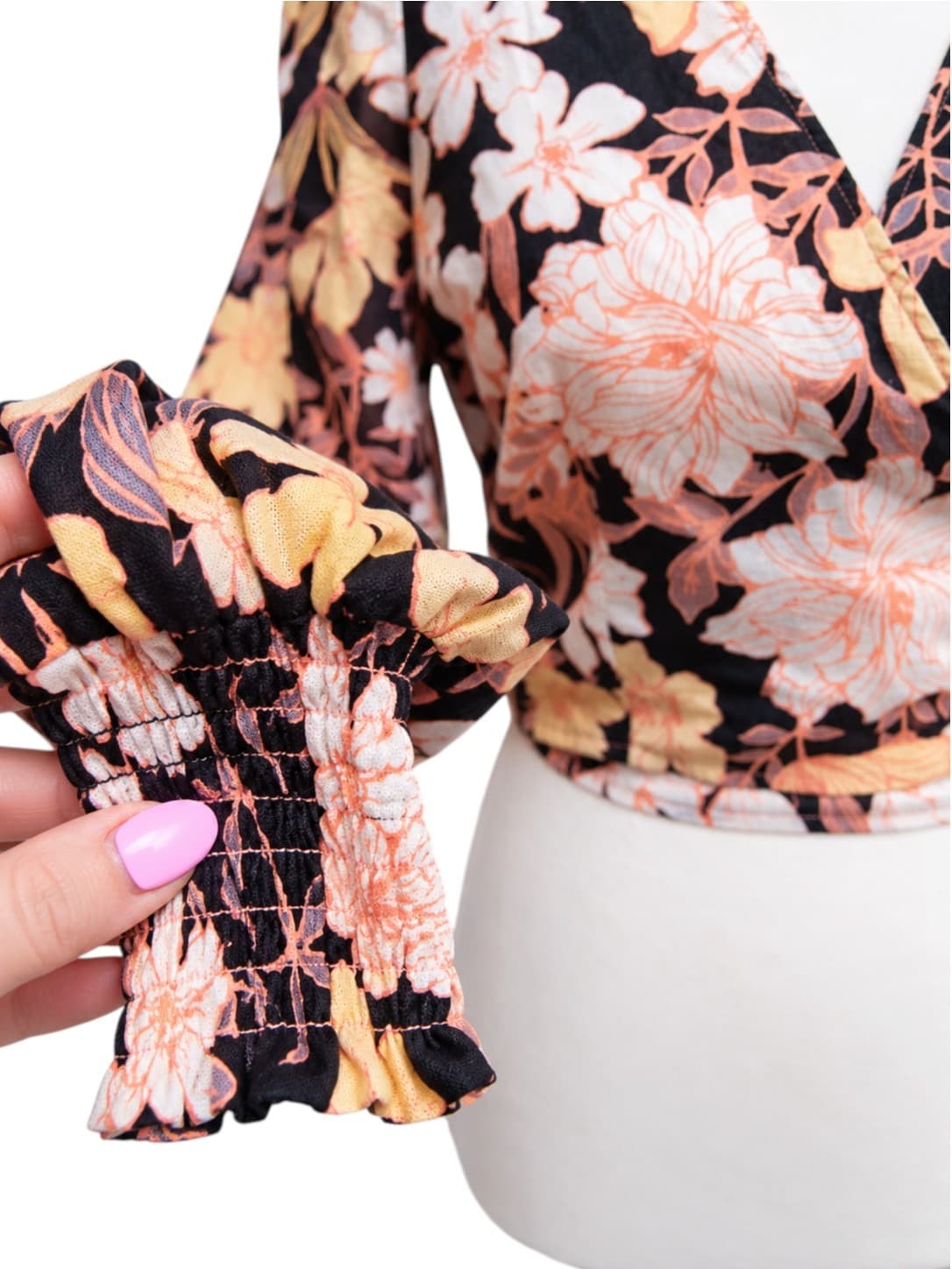 Kivari Floral Print Wrap Top Long Sleeve Black Peach Women's 8 — photo 3 of 8