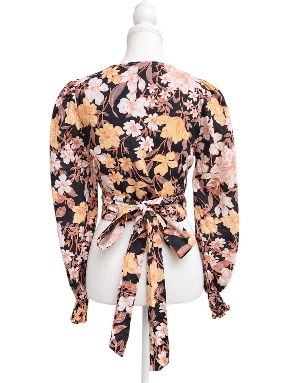 Kivari Floral Print Wrap Top Long Sleeve Black Peach Women's 8 — photo 4 of 8