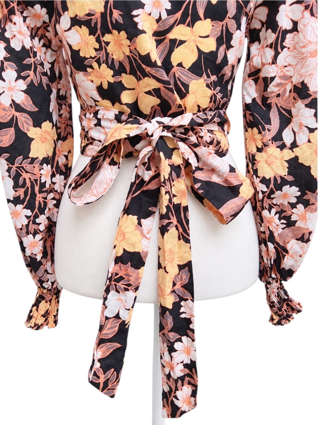 Kivari Floral Print Wrap Top Long Sleeve Black Peach Women's 8 — photo 5 of 8