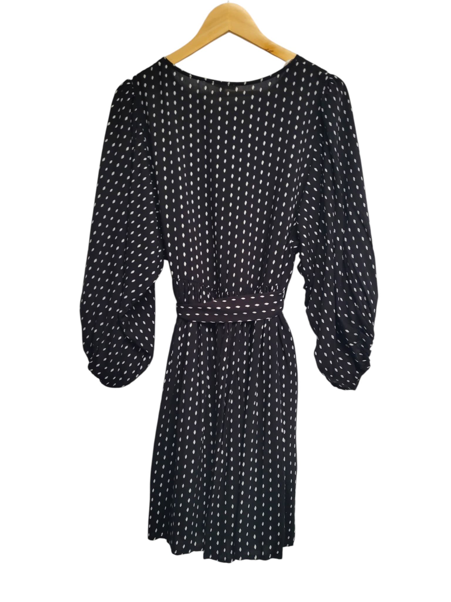 LABEL OF LOVE Black White Spot Belted Smock Dress Balloon Sleeve S/M — photo 3 of 9