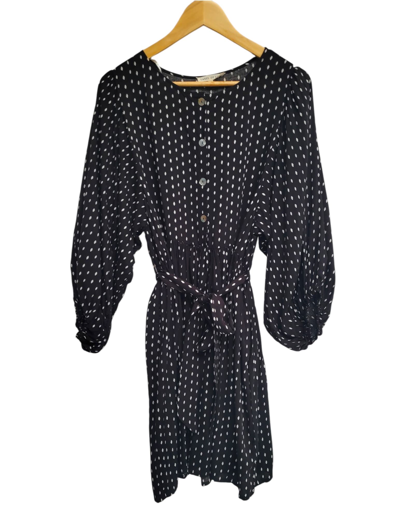 LABEL OF LOVE Black White Spot Belted Smock Dress Balloon Sleeve S/M — photo 1 of 9