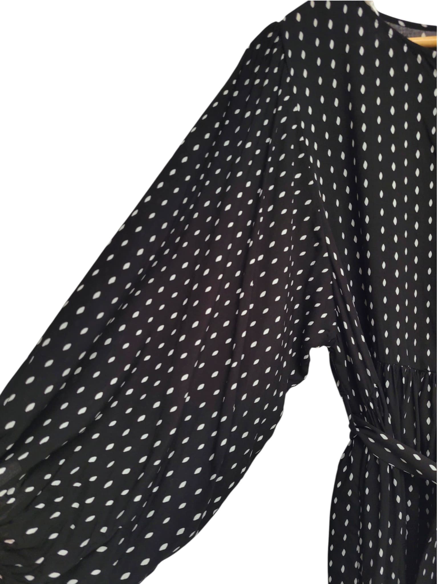 LABEL OF LOVE Black White Spot Belted Smock Dress Balloon Sleeve S/M — photo 4 of 9