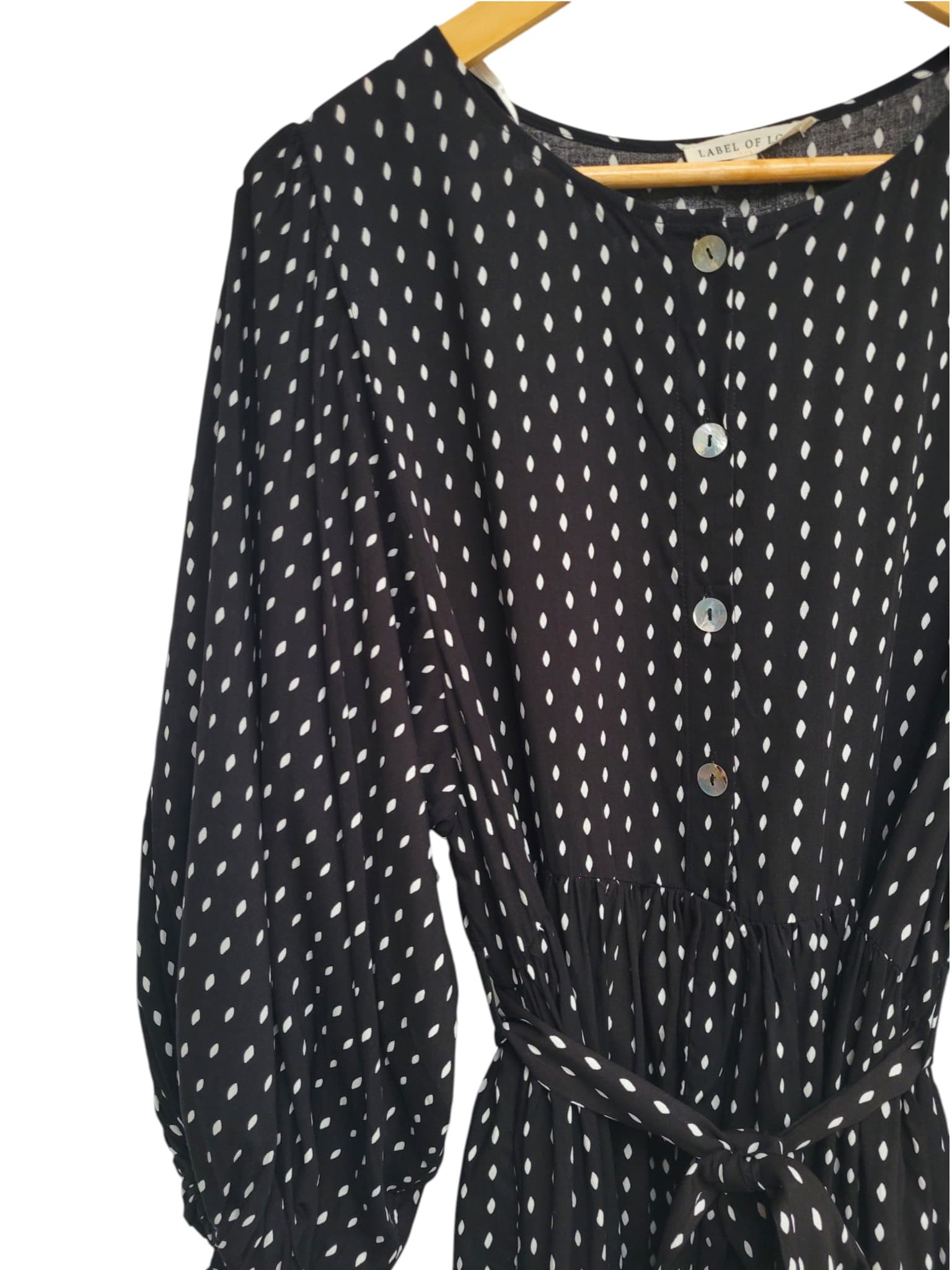 LABEL OF LOVE Black White Spot Belted Smock Dress Balloon Sleeve S/M — photo 2 of 9