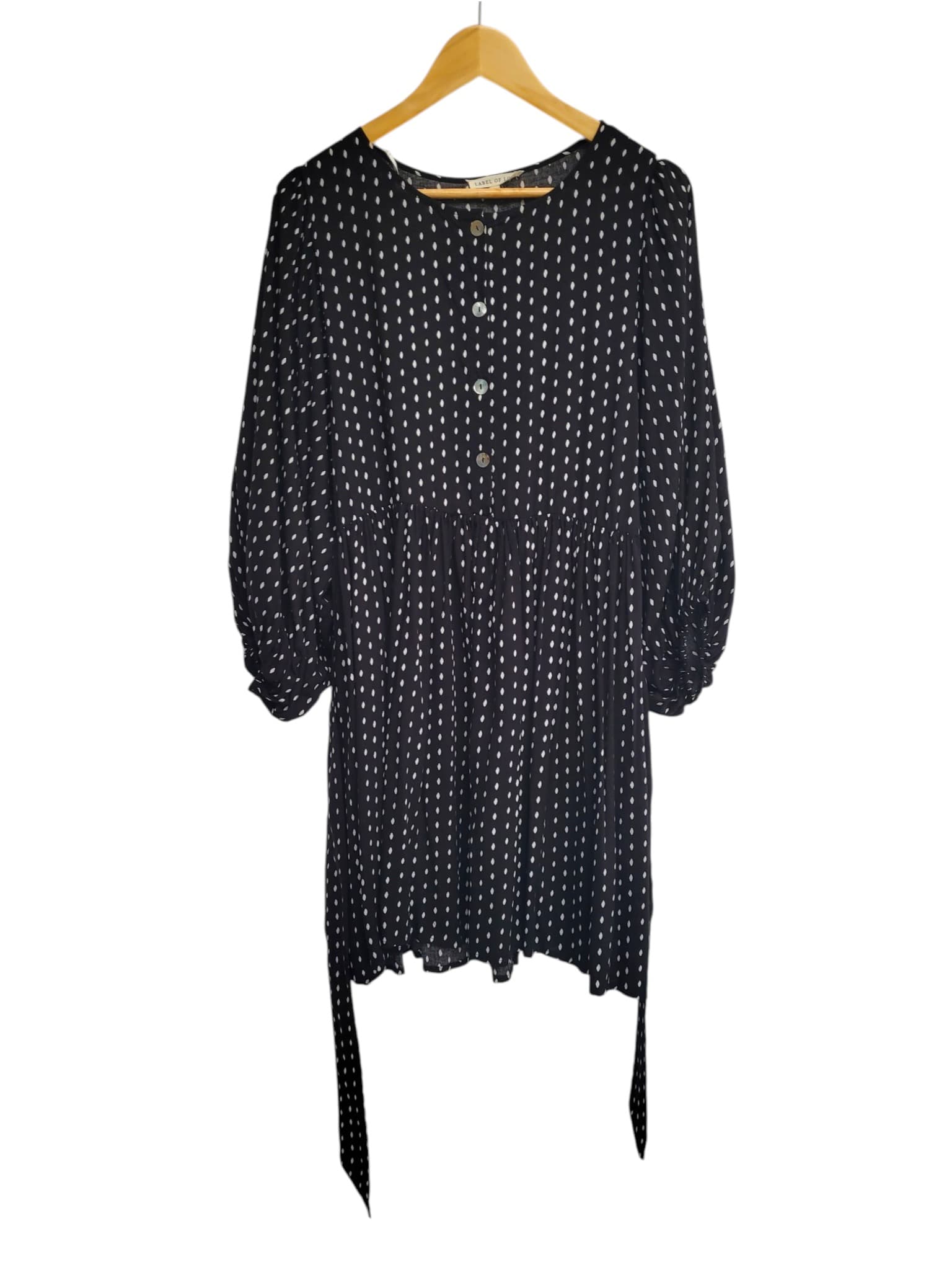LABEL OF LOVE Black White Spot Belted Smock Dress Balloon Sleeve S/M — photo 6 of 9