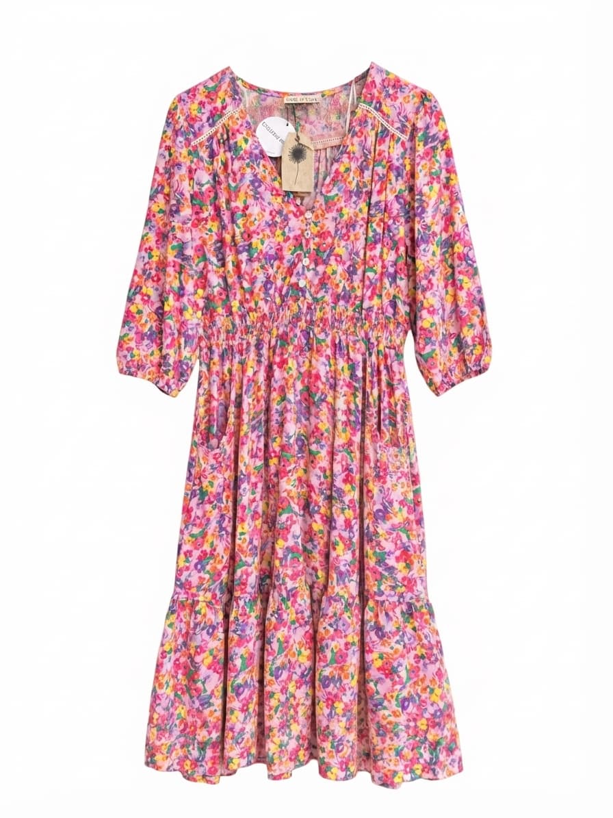 LABEL OF LOVE Pink Floral Shirred Tiered Midi Dress BNWT Size M — photo 2 of 8