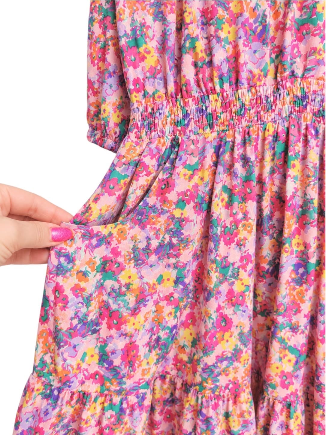 LABEL OF LOVE Pink Floral Shirred Tiered Midi Dress BNWT Size M — photo 4 of 8