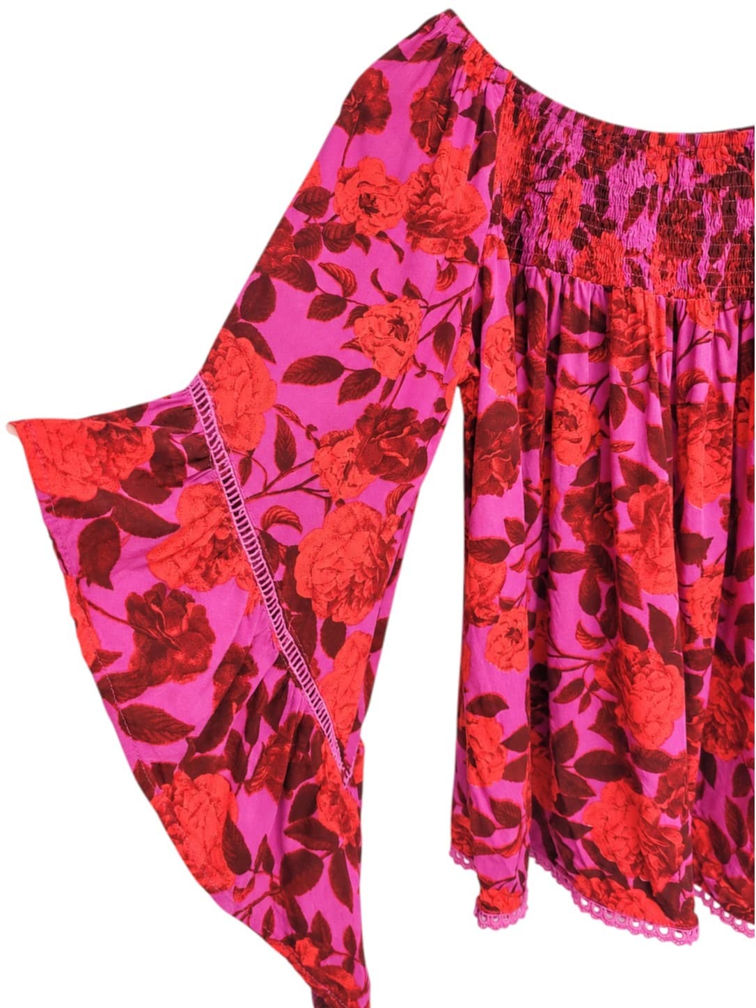 LABEL OF LOVE Pink Red Floral Smocked Bell Sleeve Boho Top S/M — photo 3 of 7