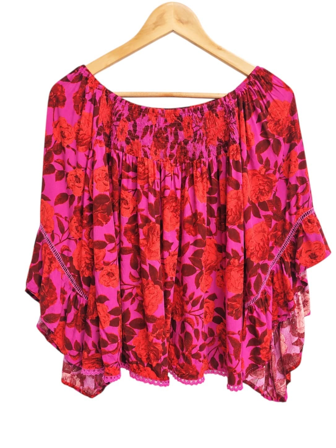 LABEL OF LOVE Pink Red Floral Smocked Bell Sleeve Boho Top S/M — photo 2 of 7