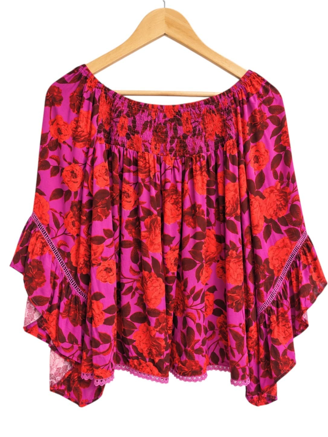 LABEL OF LOVE Pink Red Floral Smocked Bell Sleeve Boho Top S/M — photo 4 of 7