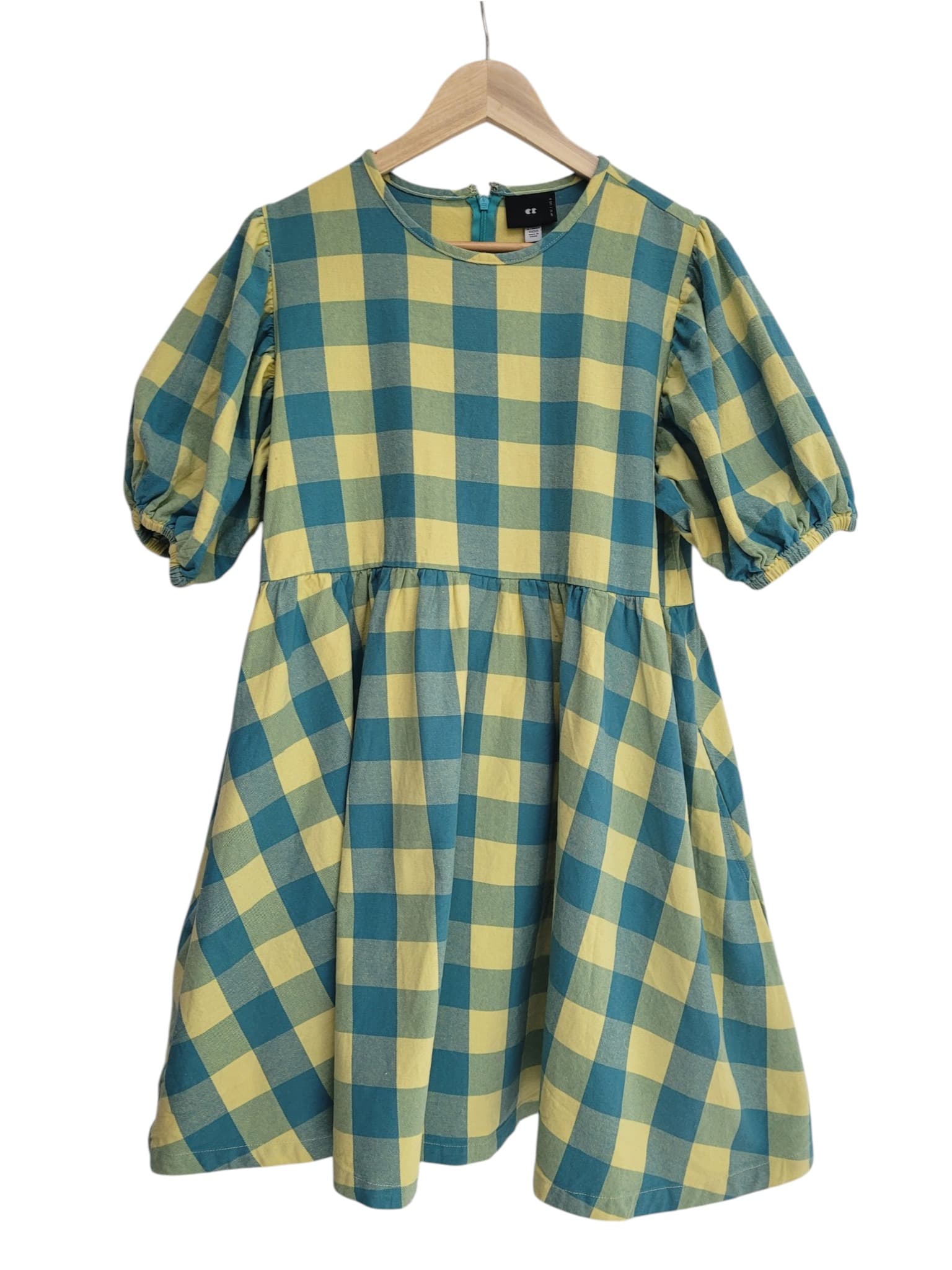 LAZY OAF Yellow Teal Gingham Cotton Puff Sleeve Smock Dress Size 12 — photo 2 of 9