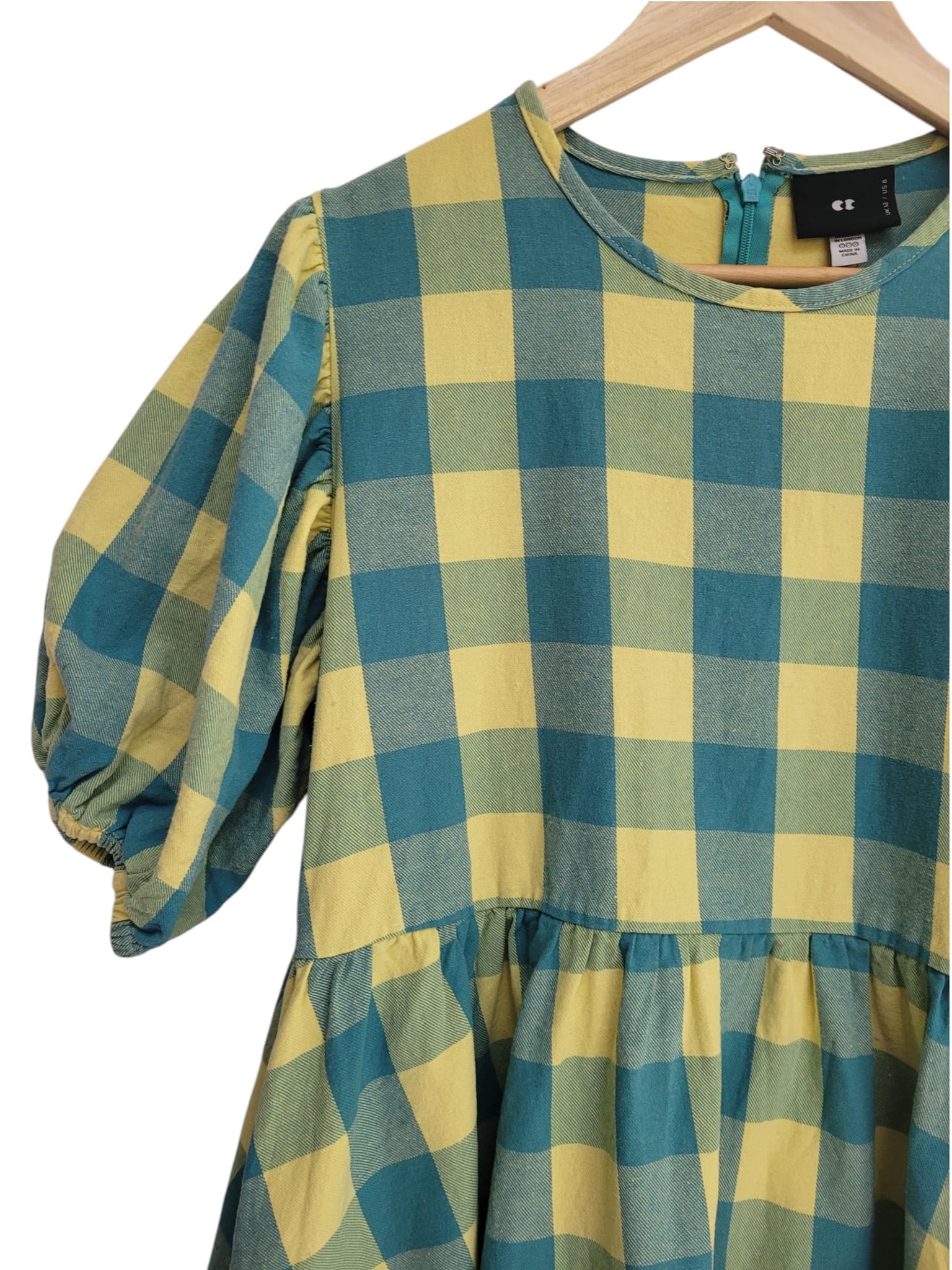 LAZY OAF Yellow Teal Gingham Cotton Puff Sleeve Smock Dress Size 12 — photo 1 of 9