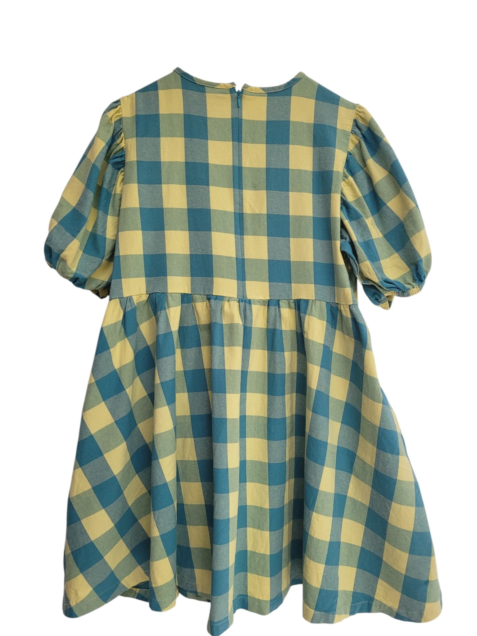 LAZY OAF Yellow Teal Gingham Cotton Puff Sleeve Smock Dress Size 12 — photo 5 of 9