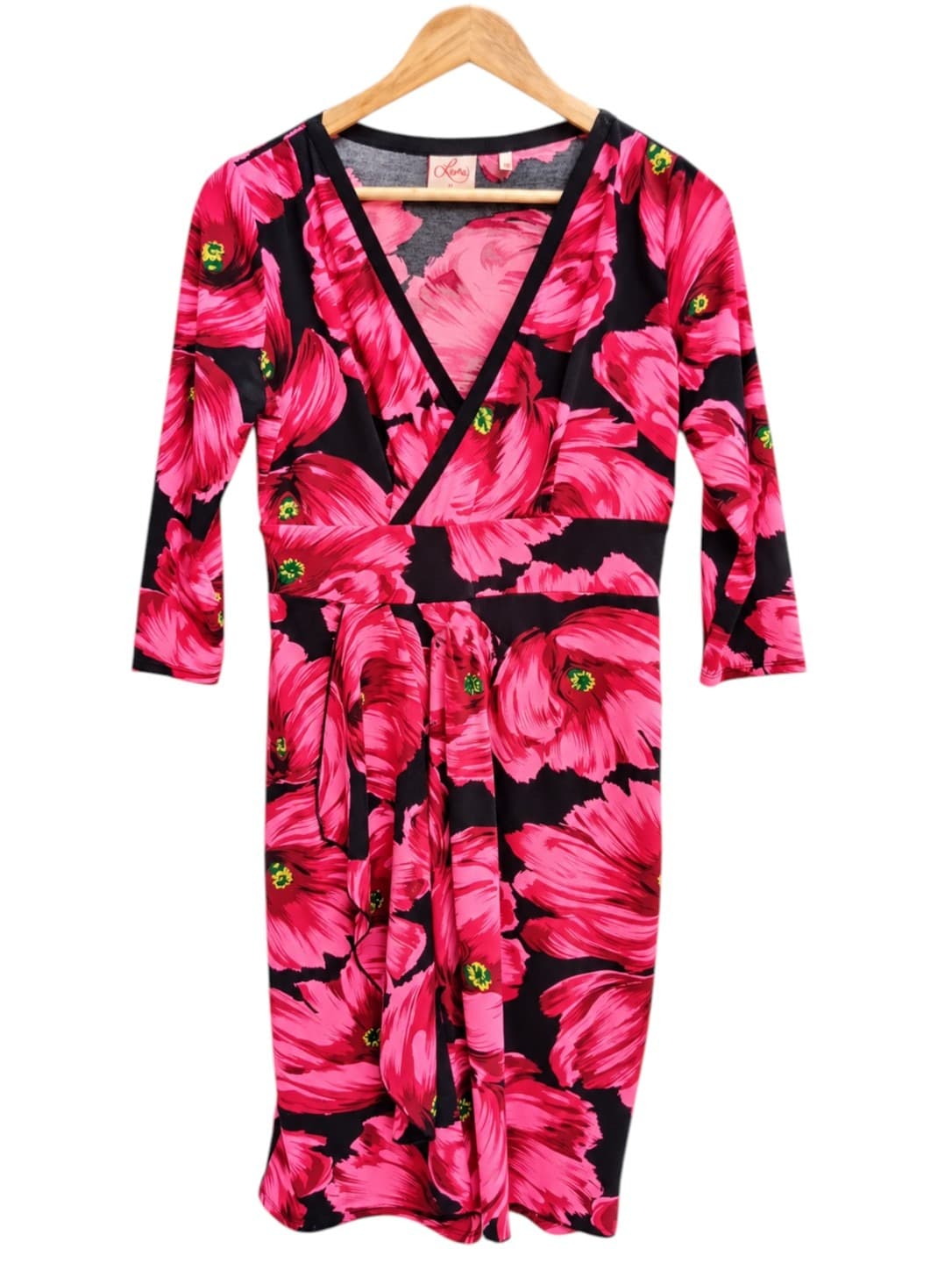 Leona Edmiston Womens Wrap Dress Size 10 Pink Black Floral V Neck Stretch — photo 2 of 7