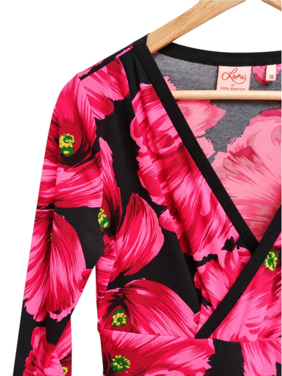 Leona Edmiston Womens Wrap Dress Size 10 Pink Black Floral V Neck Stretch — photo 1 of 7