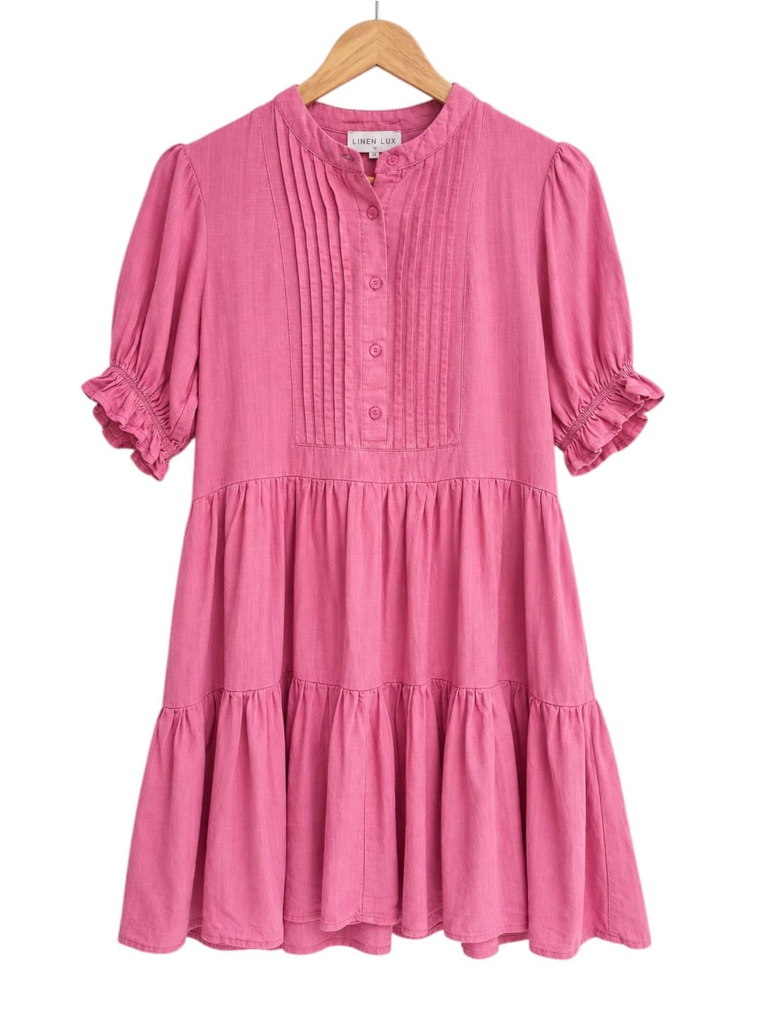 LINEN LUX Pink Linen Blend Pintuck Tiered Smock Mini Dress Size 10 — photo 1 of 7