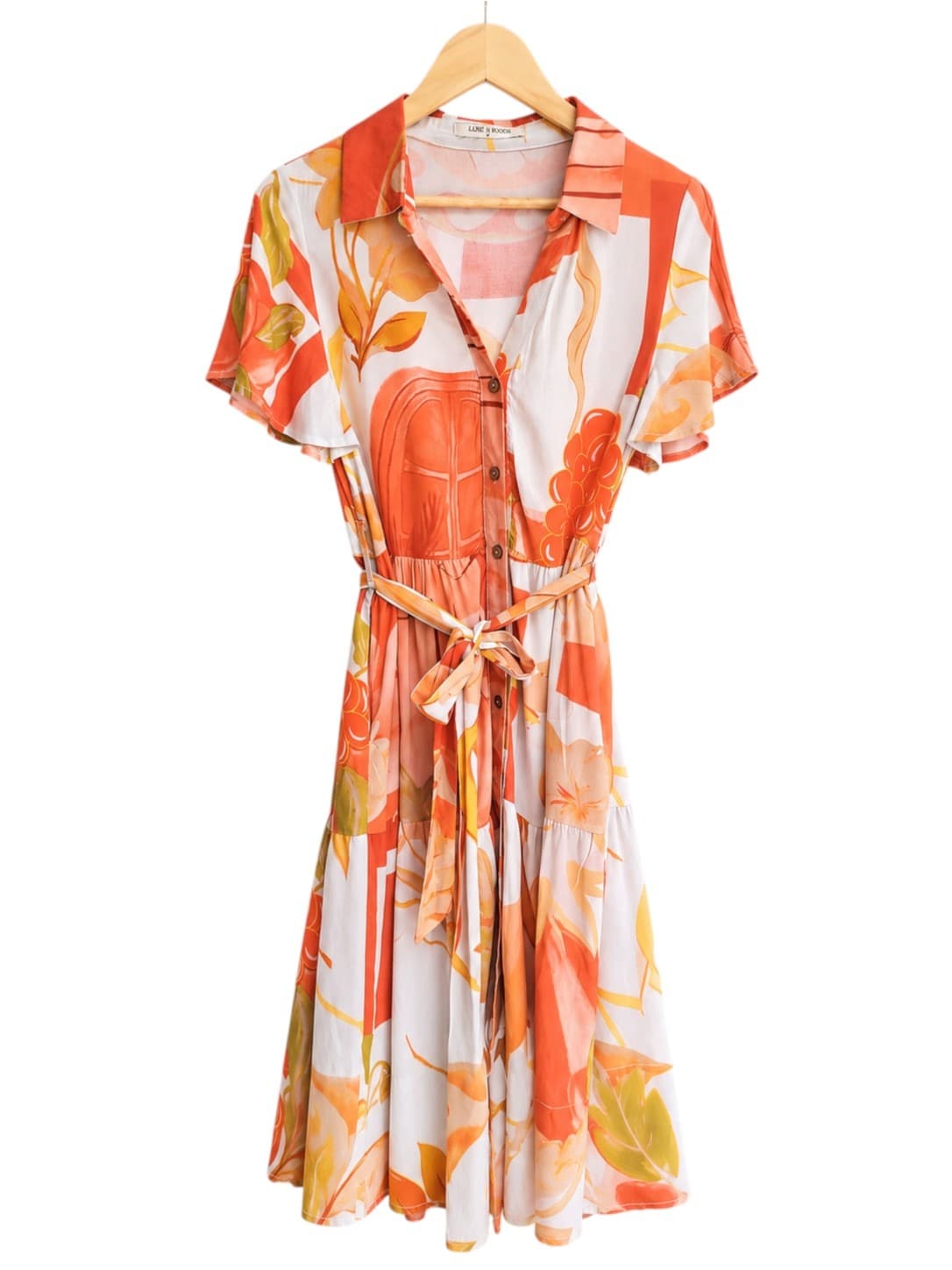 LUXE N WOODS Orange Floral Abstract Print Tiered Shirt Dress Size M — photo 2 of 8