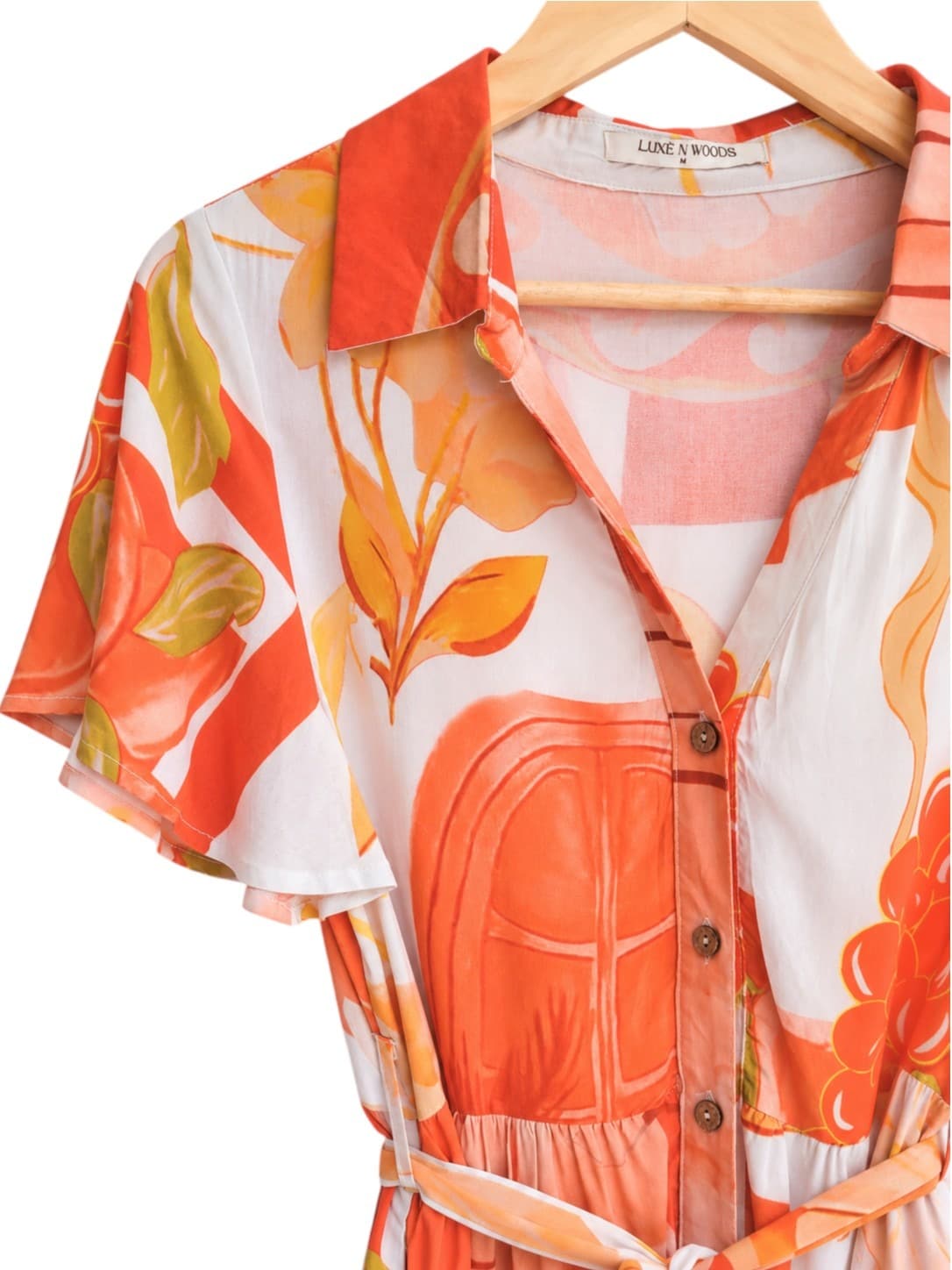 LUXE N WOODS Orange Floral Abstract Print Tiered Shirt Dress Size M — photo 1 of 8