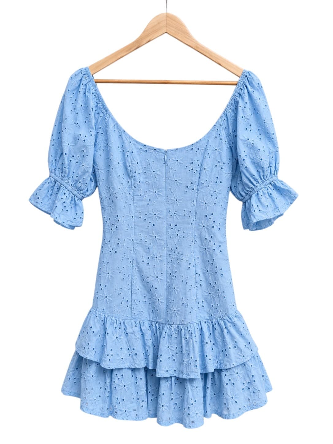 Mika & Gala Womens Mini Dress Size 6 Blue Cotton Broderie Puff Sleeve Ruffle — photo 5 of 8