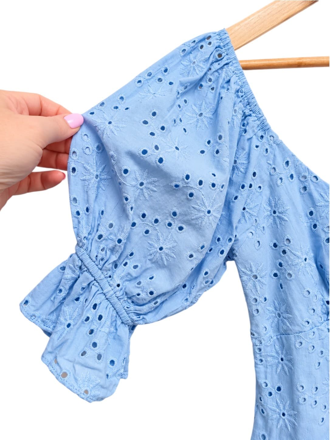 Mika & Gala Womens Mini Dress Size 6 Blue Cotton Broderie Puff Sleeve Ruffle — photo 3 of 8