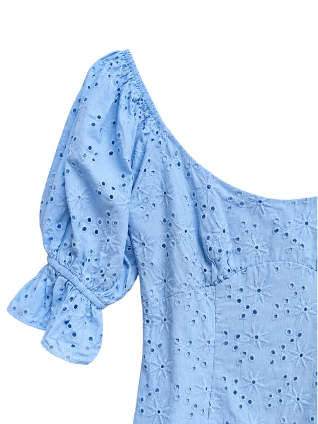 Mika & Gala Womens Mini Dress Size 6 Blue Cotton Broderie Puff Sleeve Ruffle — photo 2 of 8