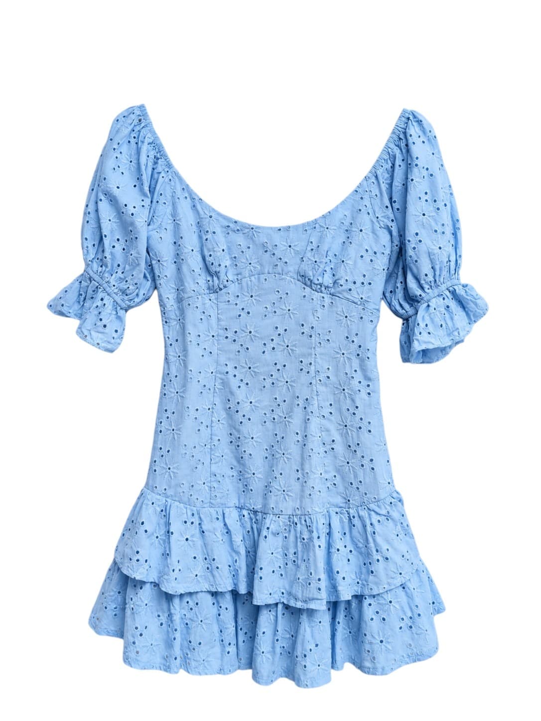 Mika & Gala Womens Mini Dress Size 6 Blue Cotton Broderie Puff Sleeve Ruffle — photo 1 of 8