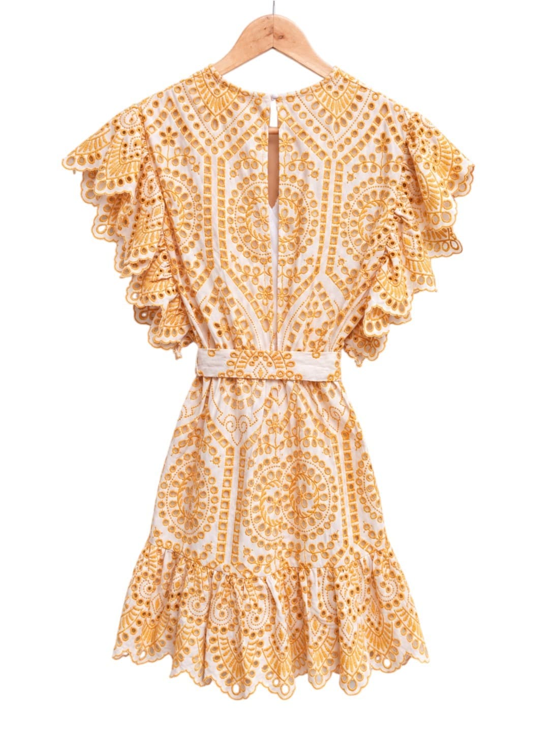 MINKPINK Womens Mini Dress Size S Yellow White Embroidered Eyelet Flutter Sleeve — photo 3 of 6