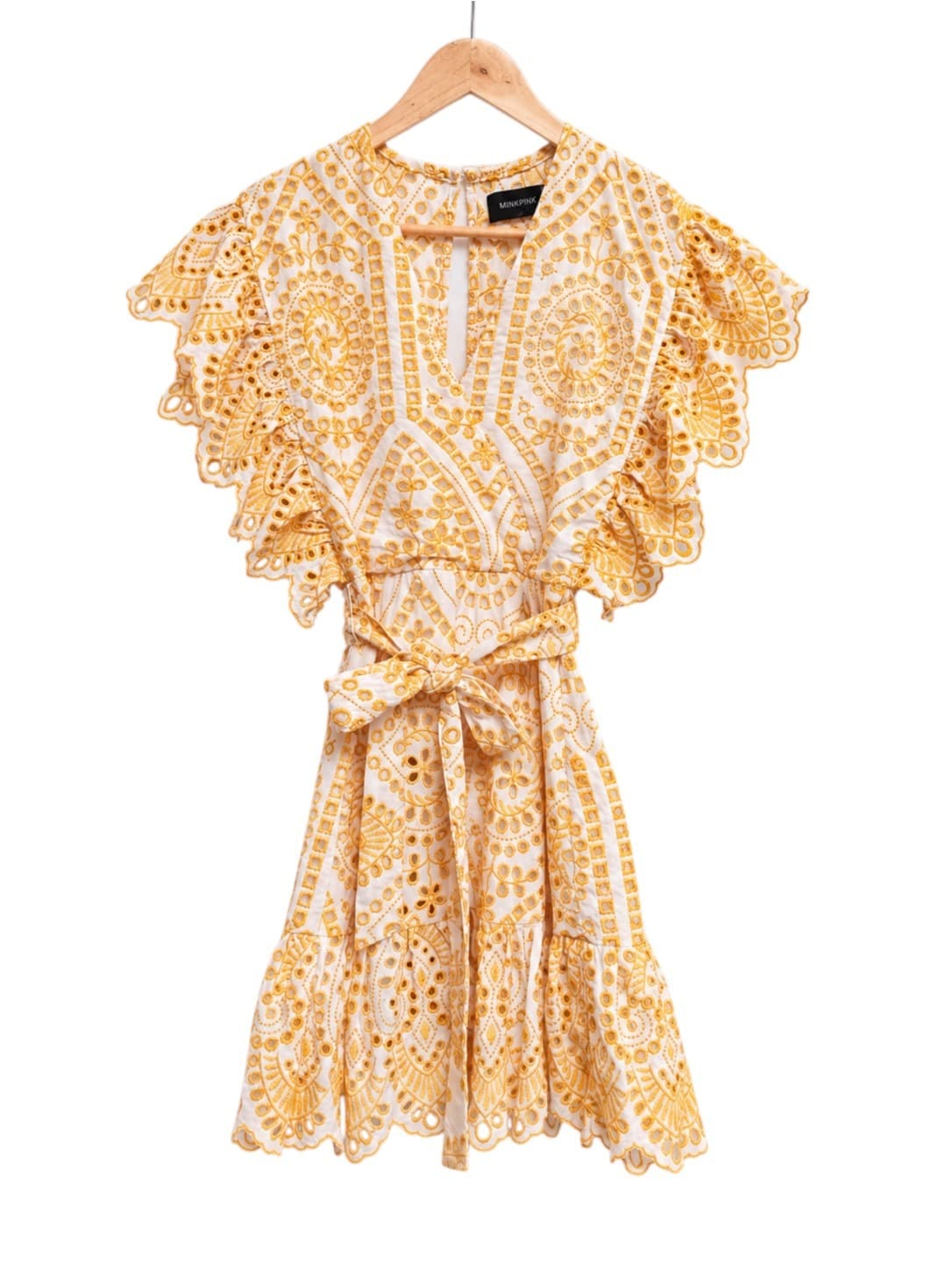 MINKPINK Womens Mini Dress Size S Yellow White Embroidered Eyelet Flutter Sleeve — photo 1 of 6