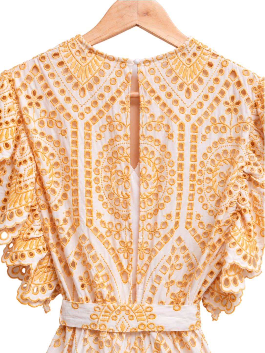 MINKPINK Womens Mini Dress Size S Yellow White Embroidered Eyelet Flutter Sleeve — photo 4 of 6