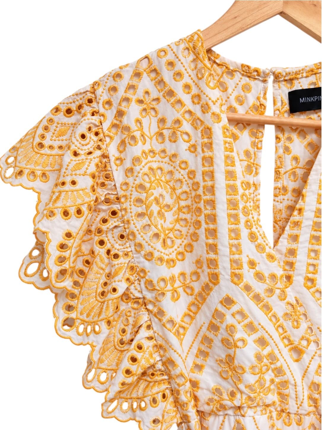 MINKPINK Womens Mini Dress Size S Yellow White Embroidered Eyelet Flutter Sleeve — photo 2 of 6