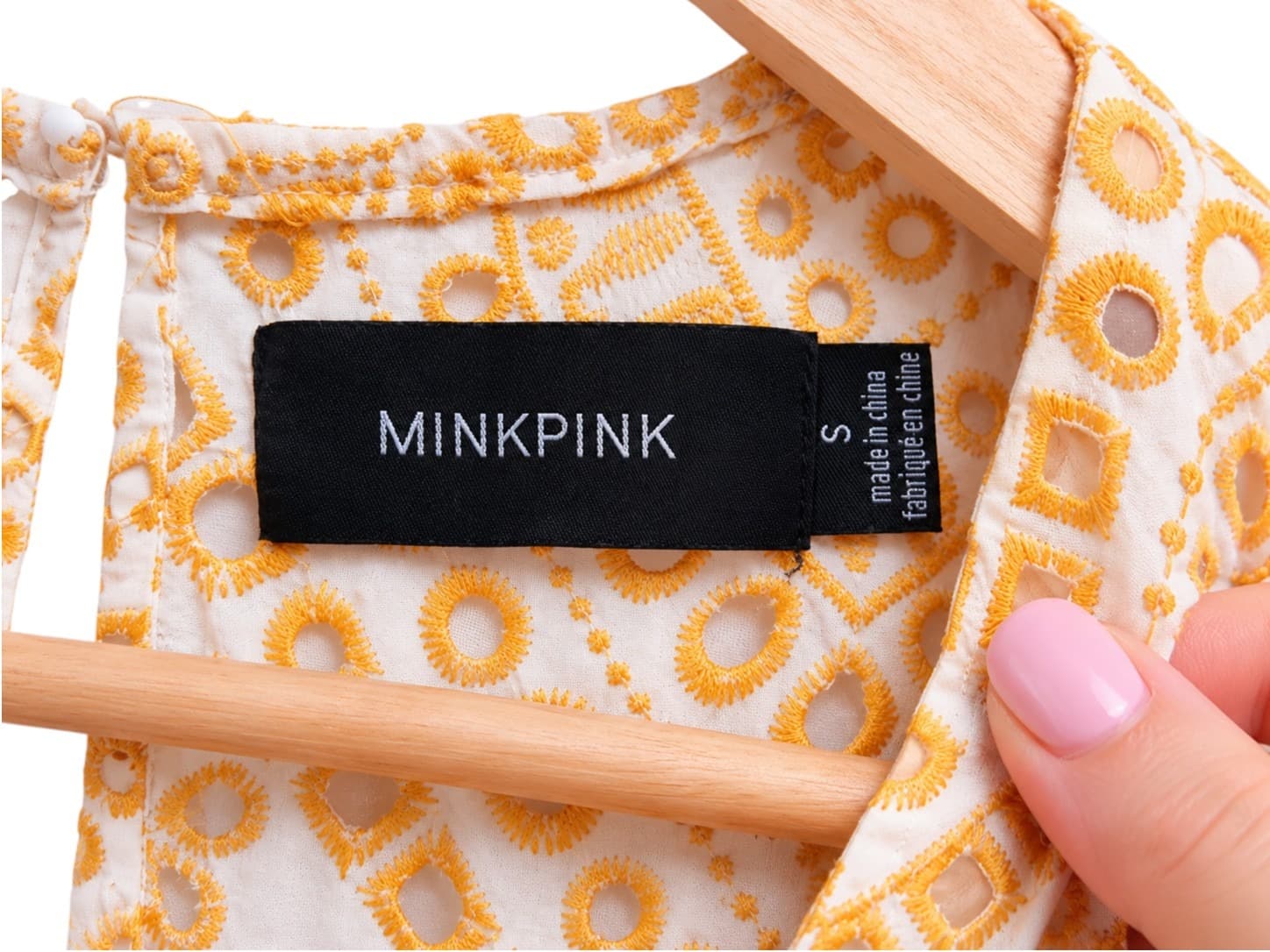 MINKPINK Womens Mini Dress Size S Yellow White Embroidered Eyelet Flutter Sleeve — photo 5 of 6