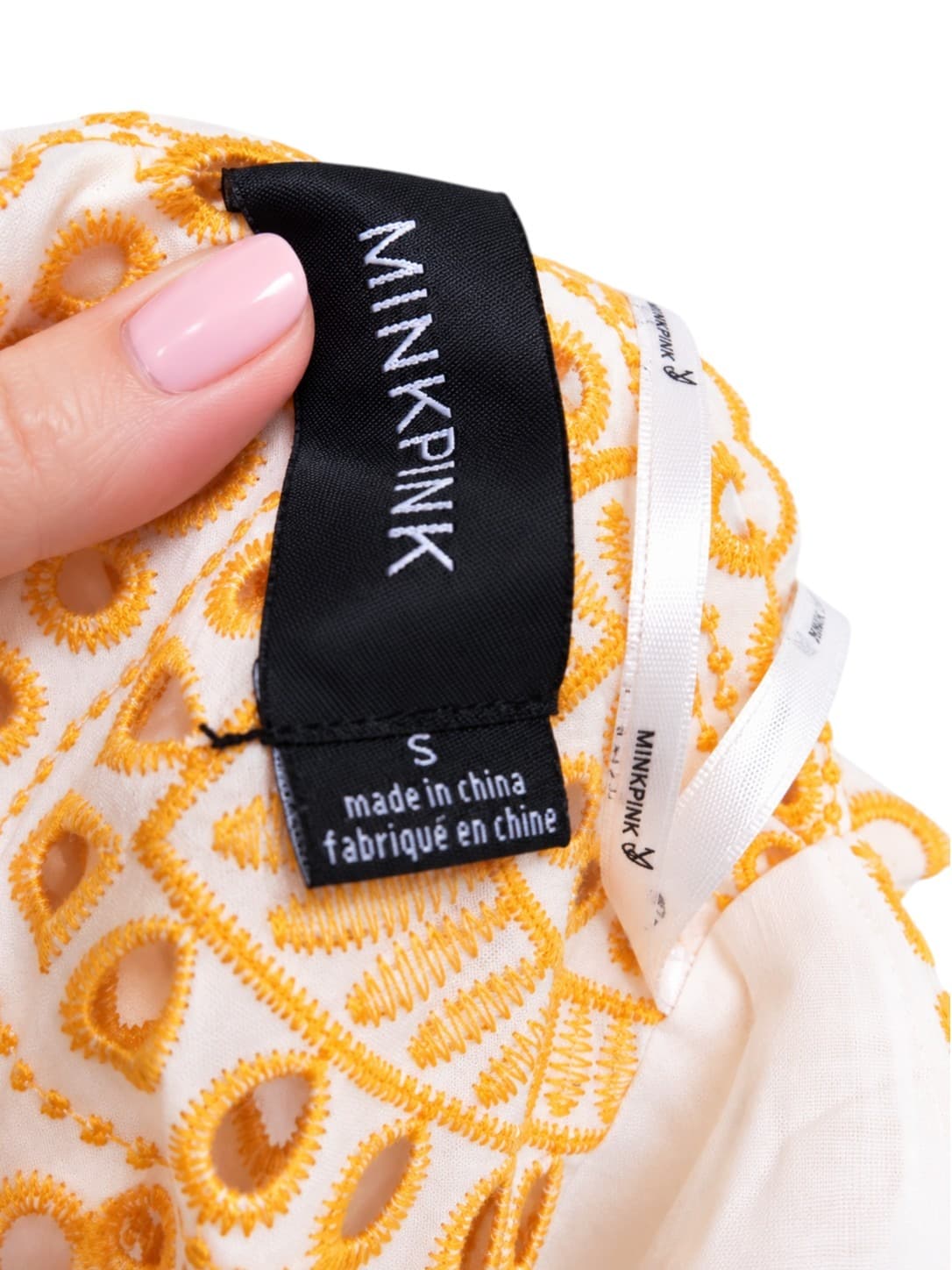 MINKPINK Womens Mini Dress Size S Yellow White Embroidered Eyelet Flutter Sleeve — photo 6 of 6