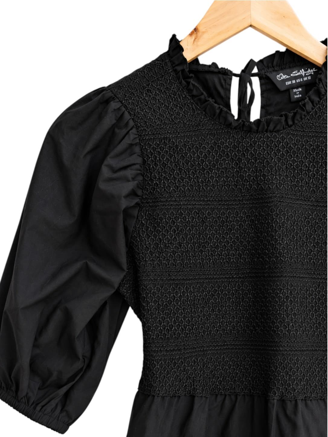 MISS SELFRIDGE Black Smocked Puff Sleeve Ruffle Mini Dress UK 10 AU 10 — photo 2 of 7