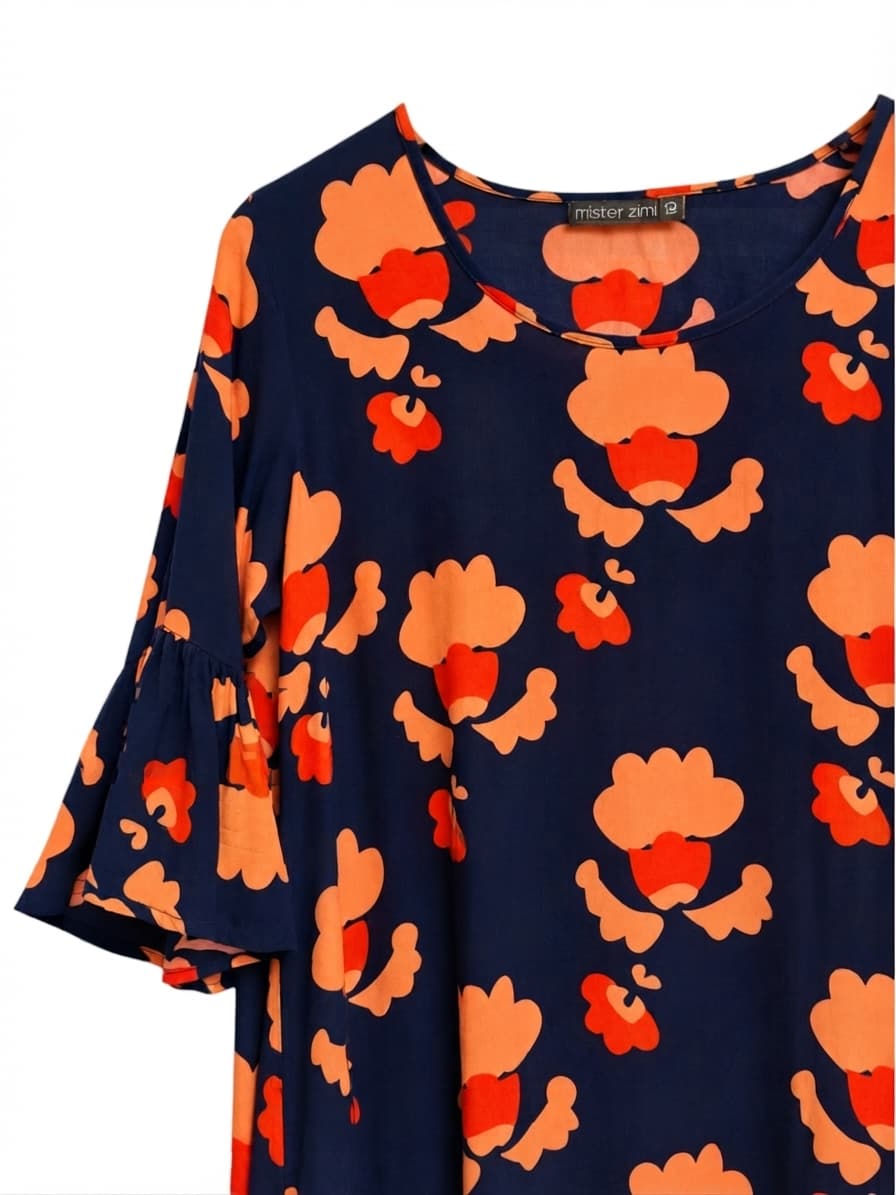 MISTER ZIMI Navy Orange Floral Bell Sleeve Hi-Low Mini Dress Size 10 — photo 2 of 8