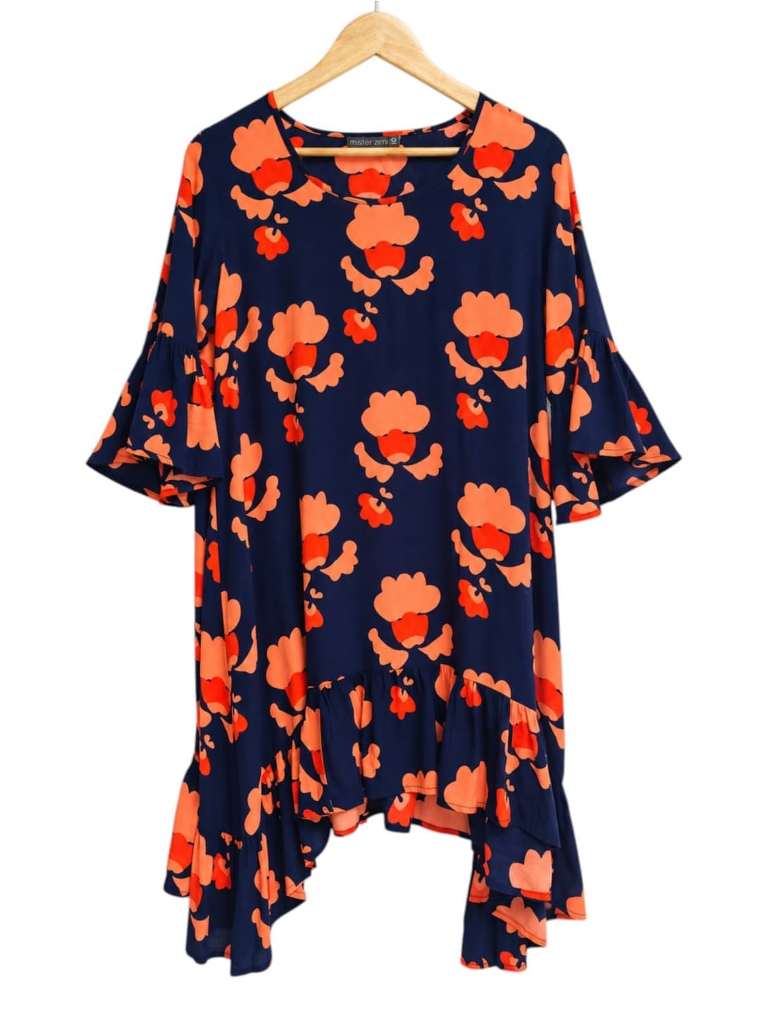 MISTER ZIMI Navy Orange Floral Bell Sleeve Hi-Low Mini Dress Size 10 — photo 1 of 8