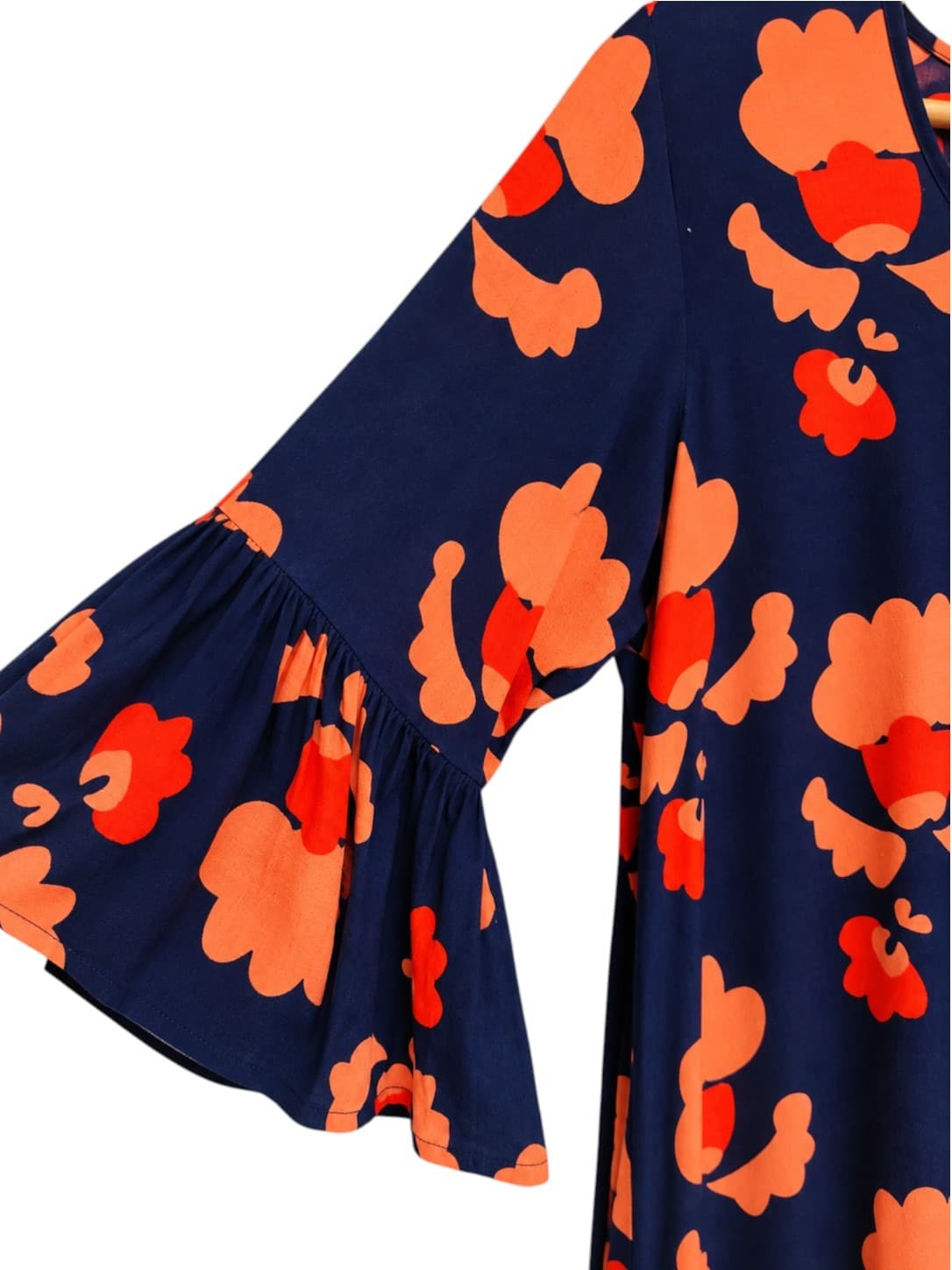 MISTER ZIMI Navy Orange Floral Bell Sleeve Hi-Low Mini Dress Size 10 — photo 3 of 8