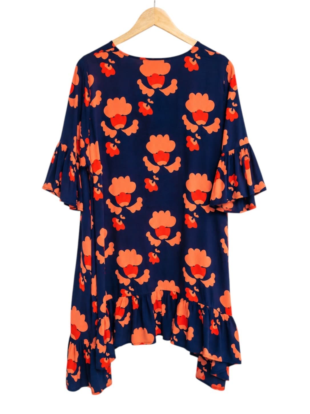 MISTER ZIMI Navy Orange Floral Bell Sleeve Hi-Low Mini Dress Size 10 — photo 5 of 8