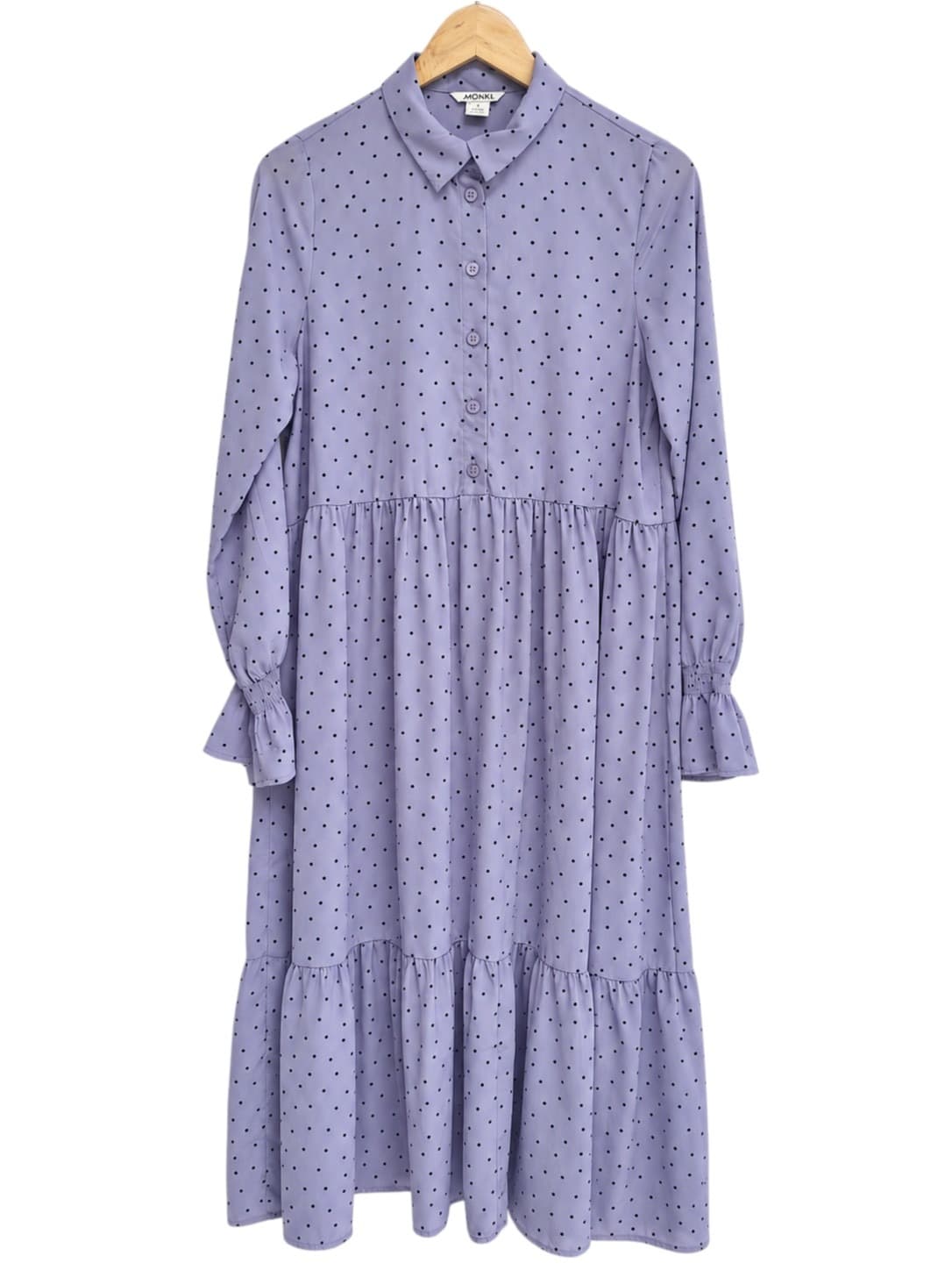 MONKI Light Blue Polka Dot Tiered Midi Dress Ruffle Sleeve Size S — photo 1 of 6