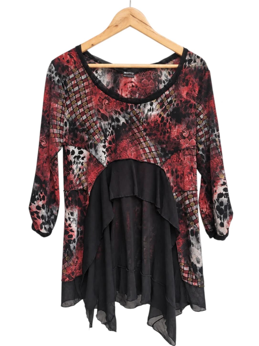 MOTTO Australia Red Black Print Layered Mesh Tunic Top Est 10-12 — photo 1 of 5