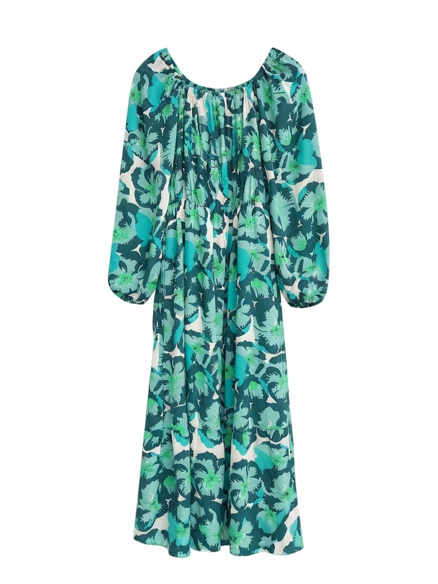 MUTIG Teal Green Floral Print Tiered Midi Dress Long Sleeve Size S — photo 2 of 10