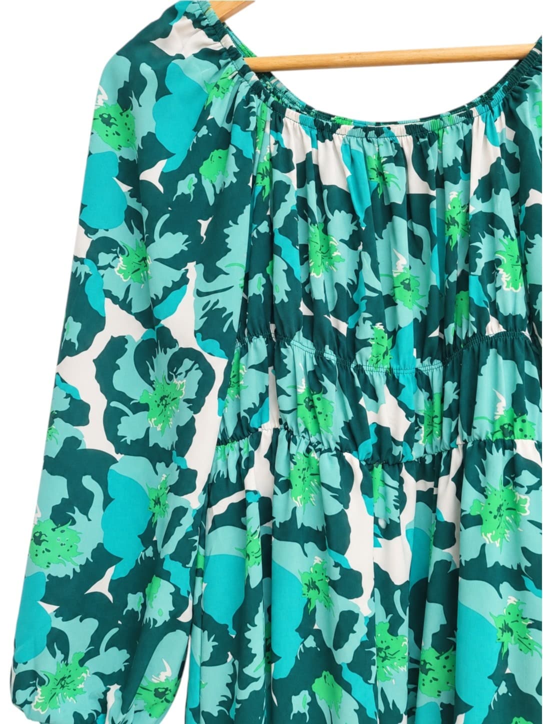 MUTIG Teal Green Floral Print Tiered Midi Dress Long Sleeve Size S — photo 3 of 10