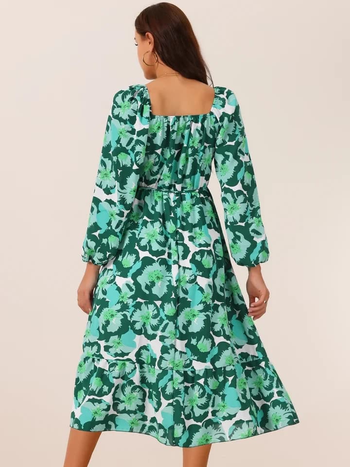 MUTIG Teal Green Floral Print Tiered Midi Dress Long Sleeve Size S — photo 7 of 10